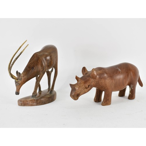 389 - A Pair Of Vintage Wooden Animals Including A Deer And A Rhino