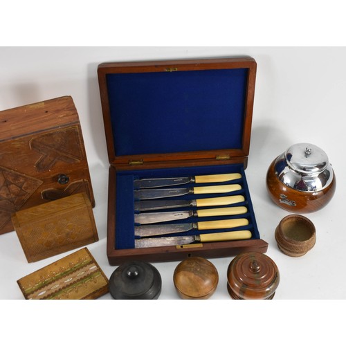 391 - A Quantity Of Various Treen Items Including Boxes Plus An EPNS Knife Set