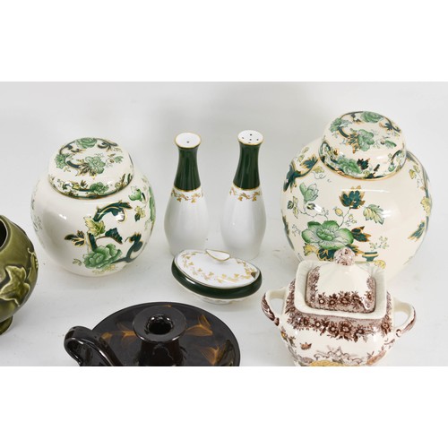 413 - A Collection Of Ceramic Items Including Masons Ginger Jars And A Ceramic Chamber Stick