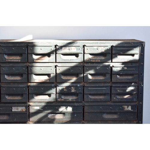 427 - A 32 Drawer Industrial Metal Pigeon Hole Cabinet Featuring Excellent Patina. 90cm Wide x 30cm Deep x... 