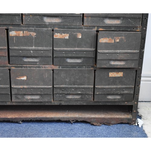 427 - A 32 Drawer Industrial Metal Pigeon Hole Cabinet Featuring Excellent Patina. 90cm Wide x 30cm Deep x... 