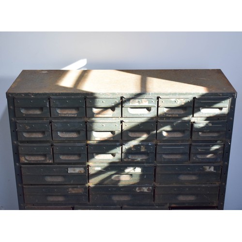 427 - A 32 Drawer Industrial Metal Pigeon Hole Cabinet Featuring Excellent Patina. 90cm Wide x 30cm Deep x... 