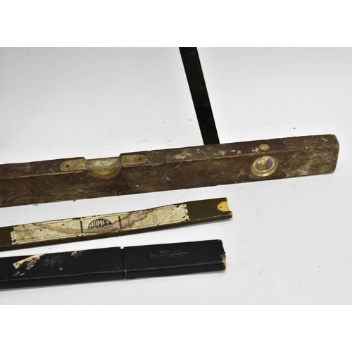 481 - A Collection Of Vintage Measures Including Rulers And A Wooden Spirit Level