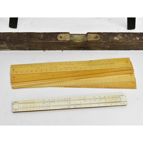 481 - A Collection Of Vintage Measures Including Rulers And A Wooden Spirit Level