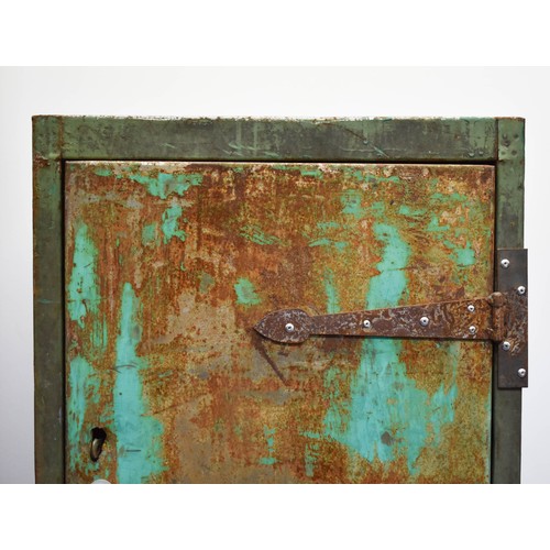 203 - A Vintage Industrial Metal Cabinet With Great Rustic Verdigris. 90cm x 44cm x 46cm.