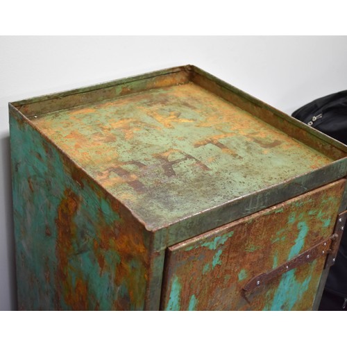 203 - A Vintage Industrial Metal Cabinet With Great Rustic Verdigris. 90cm x 44cm x 46cm.