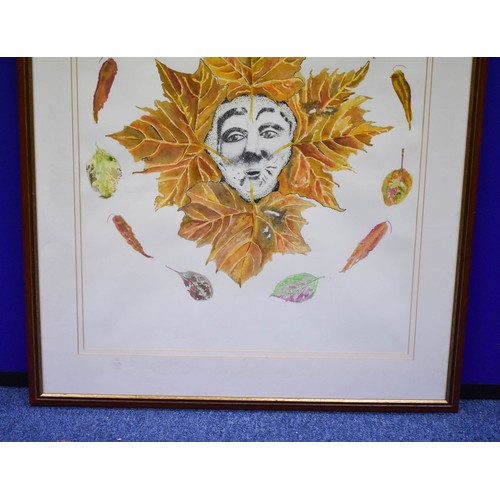 212 - A F/M/G Unusual Painting Of A Face Surrounded By Leaves. 70cm x 81cm.