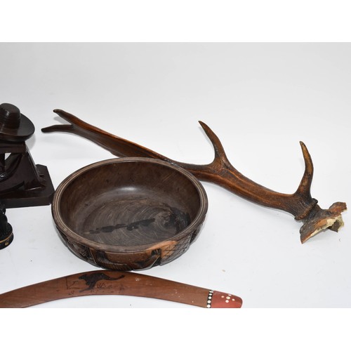 229 - A Collection Of 6 Wooden Items Including An Antler And Bookends