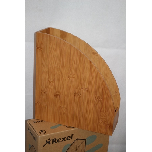 401 - New in Boxes Rexel Bamboo Magazine Rack and Letter Tray