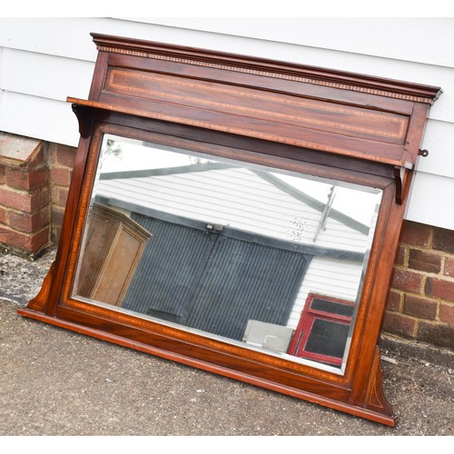 487 - A Delightful Edwardian Over Mantle Mirror Featuring Inlaid Decoration and Bevelled Glass with Slight... 