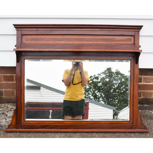 487 - A Delightful Edwardian Over Mantle Mirror Featuring Inlaid Decoration and Bevelled Glass with Slight... 