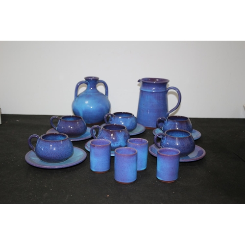 1 - Signed KA Chania Vibrant Blue Studio Pottery Including 6 cups and Saucers, 4 egg cups, 1 vase and 1 ... 