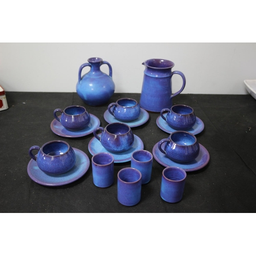 1 - Signed KA Chania Vibrant Blue Studio Pottery Including 6 cups and Saucers, 4 egg cups, 1 vase and 1 ... 