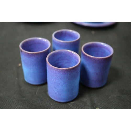 1 - Signed KA Chania Vibrant Blue Studio Pottery Including 6 cups and Saucers, 4 egg cups, 1 vase and 1 ... 