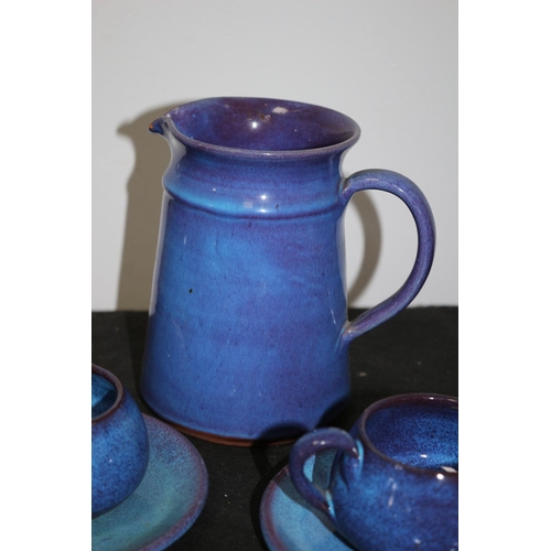 1 - Signed KA Chania Vibrant Blue Studio Pottery Including 6 cups and Saucers, 4 egg cups, 1 vase and 1 ... 