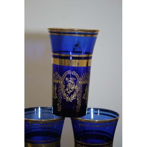 20 - 6 Bohemian Blue Glass Goblets Standing 10cm tall