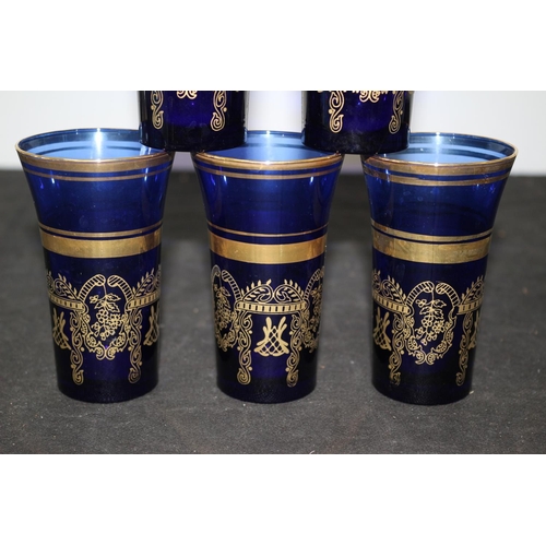 20 - 6 Bohemian Blue Glass Goblets Standing 10cm tall