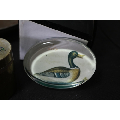 289 - Brass Dish, Mother of Pearl Hand Painted Brass Pots, A Duck Dish, Salt and Pepper and Glass Paperwei... 