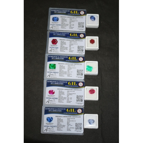 301 - 5 x Synthetic Set, Tanzanite Blue weight ct10.42, Sapphire Red weight ct 9.77, Emerald Green weight ... 