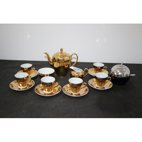 329 - Gold Coloured 15 piece Mid-Century Coffee Set and Glass Apple Preserve