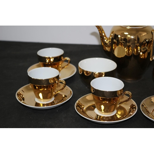 329 - Gold Coloured 15 piece Mid-Century Coffee Set and Glass Apple Preserve