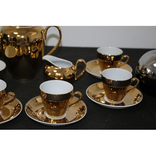 329 - Gold Coloured 15 piece Mid-Century Coffee Set and Glass Apple Preserve