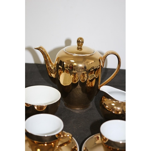 329 - Gold Coloured 15 piece Mid-Century Coffee Set and Glass Apple Preserve