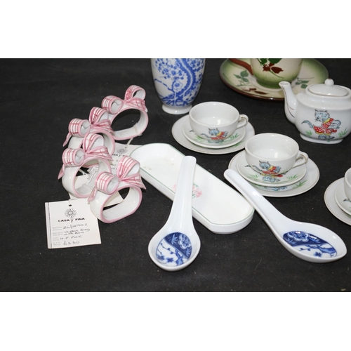 339 - Vintage Cat Tea Party Set, Boxed 8 Napkin Rings and More