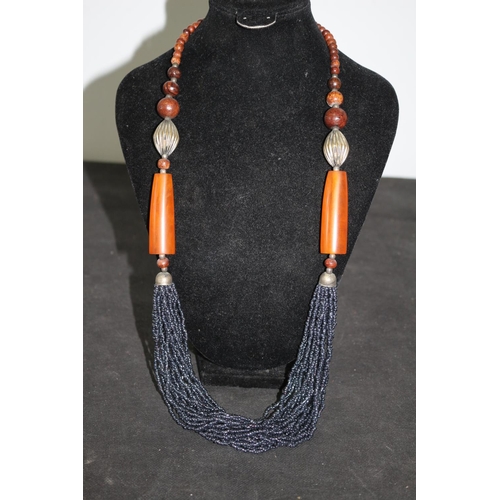 348 - Variegated Wood Beads and Natural Hematite Stone Necklace