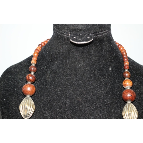 348 - Variegated Wood Beads and Natural Hematite Stone Necklace