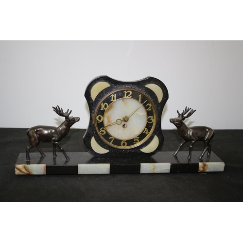 351 - Art Deco Granite and Marble Centerpiece Clock with Metal Stags 53cm