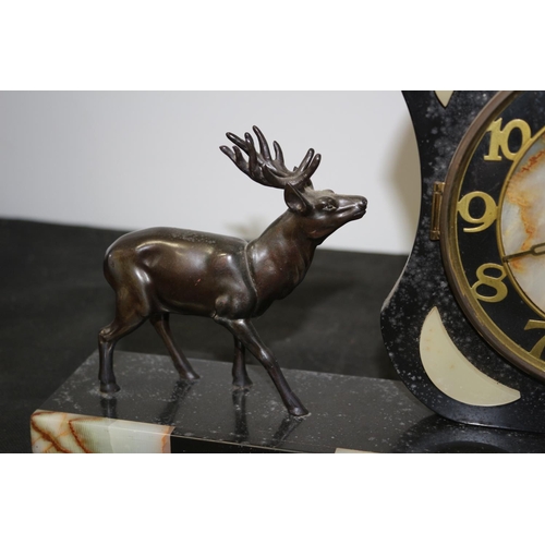 351 - Art Deco Granite and Marble Centerpiece Clock with Metal Stags 53cm