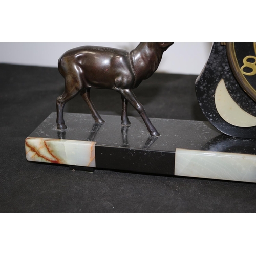 351 - Art Deco Granite and Marble Centerpiece Clock with Metal Stags 53cm