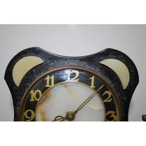 351 - Art Deco Granite and Marble Centerpiece Clock with Metal Stags 53cm