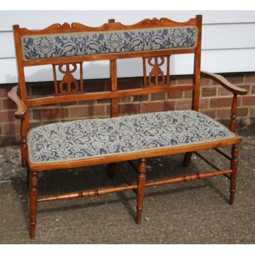 354 - Late 19th C Settle with Beautiful 'Bell' Inlay and Nice Material Covering