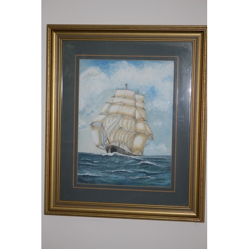 355 - Watercolour Nautical Scene with Twin Mast Ships A.E Tyler 61x51cm