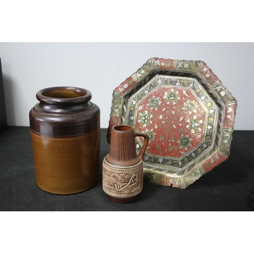 363 - Believed to be West German Jug, Ironware Pot and Metal Highly Decorated Plate