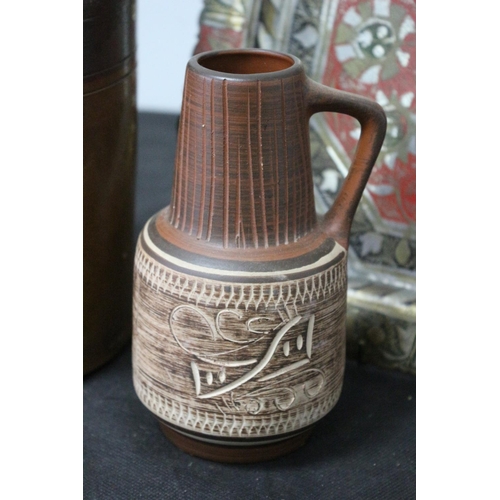 363 - Believed to be West German Jug, Ironware Pot and Metal Highly Decorated Plate