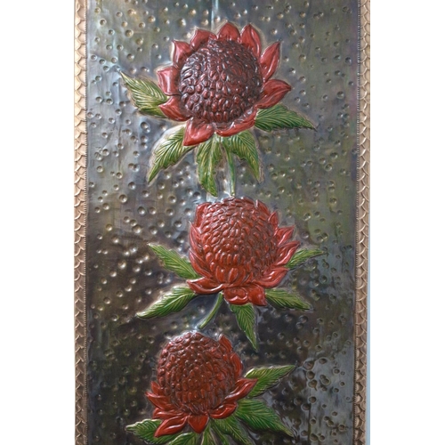 488 - Hand Hammered Copper Decorative Wall Plaque Signed Waratahs by M. Benson