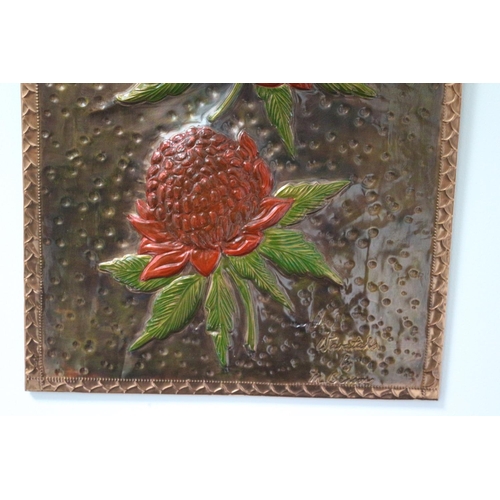 488 - Hand Hammered Copper Decorative Wall Plaque Signed Waratahs by M. Benson