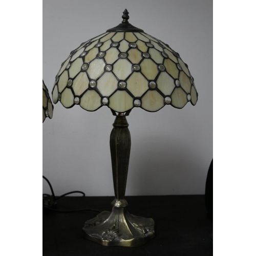 490 - Lovely King & Queen Pair of Tiffany Style Lamps with Decorative Flower Stem Metal Trunk and Base wit... 