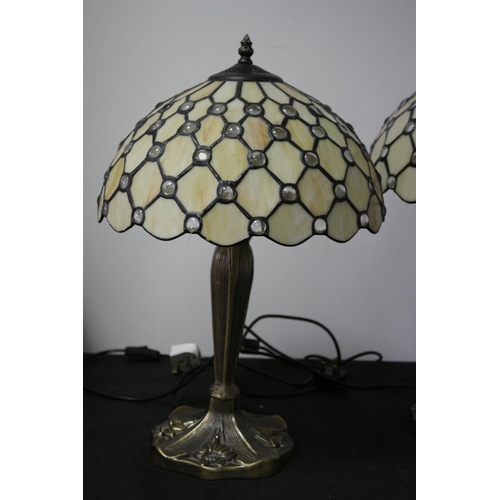 490 - Lovely King & Queen Pair of Tiffany Style Lamps with Decorative Flower Stem Metal Trunk and Base wit... 