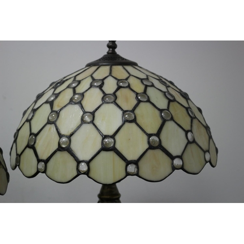 490 - Lovely King & Queen Pair of Tiffany Style Lamps with Decorative Flower Stem Metal Trunk and Base wit... 