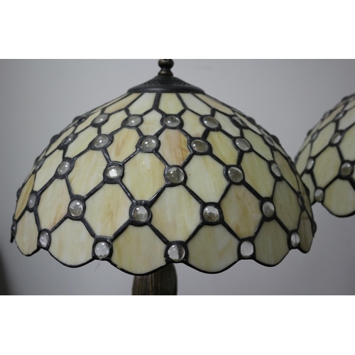 490 - Lovely King & Queen Pair of Tiffany Style Lamps with Decorative Flower Stem Metal Trunk and Base wit... 