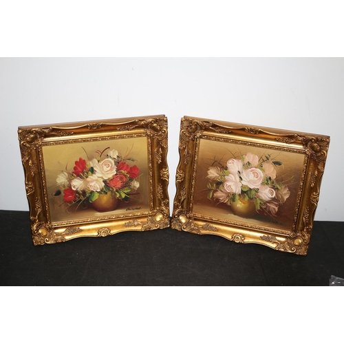 537 - 2 x Ornately Framed Still Life Oil on Board Paintings - Signed Christine - 34cm x 29cm