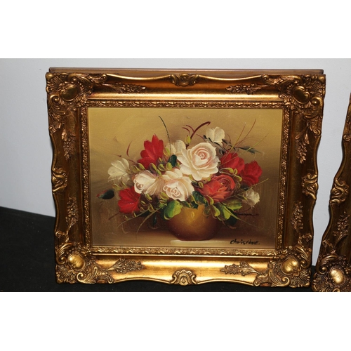 537 - 2 x Ornately Framed Still Life Oil on Board Paintings - Signed Christine - 34cm x 29cm