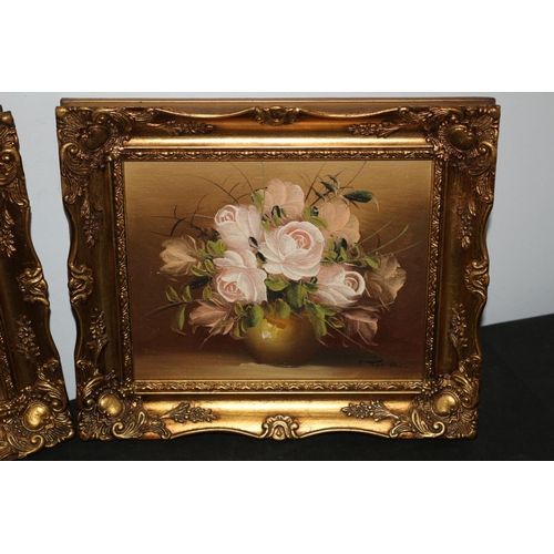 537 - 2 x Ornately Framed Still Life Oil on Board Paintings - Signed Christine - 34cm x 29cm