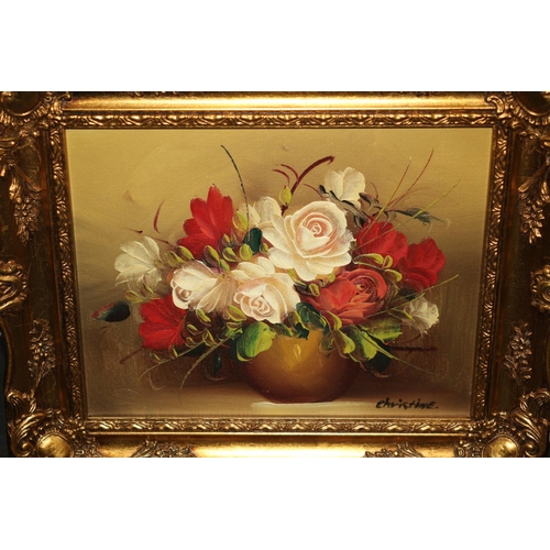 537 - 2 x Ornately Framed Still Life Oil on Board Paintings - Signed Christine - 34cm x 29cm