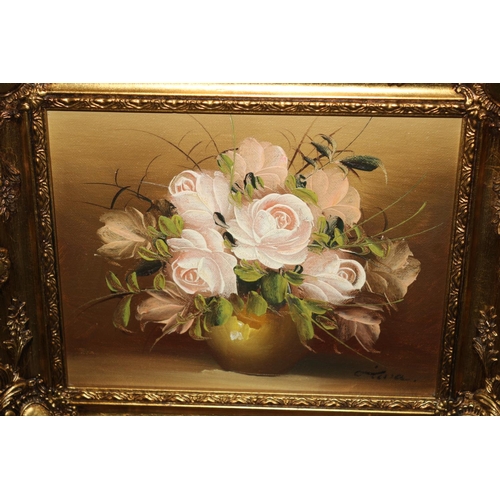 537 - 2 x Ornately Framed Still Life Oil on Board Paintings - Signed Christine - 34cm x 29cm