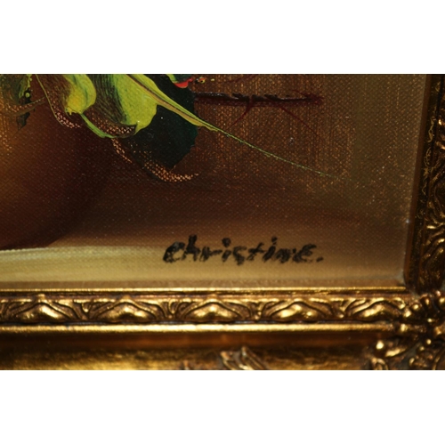 537 - 2 x Ornately Framed Still Life Oil on Board Paintings - Signed Christine - 34cm x 29cm